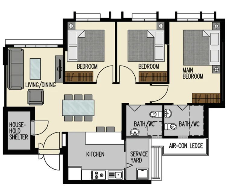 Alkaff Vista floor plan, type 4R: 4-room, 94 sqm, 1,012 sq ft