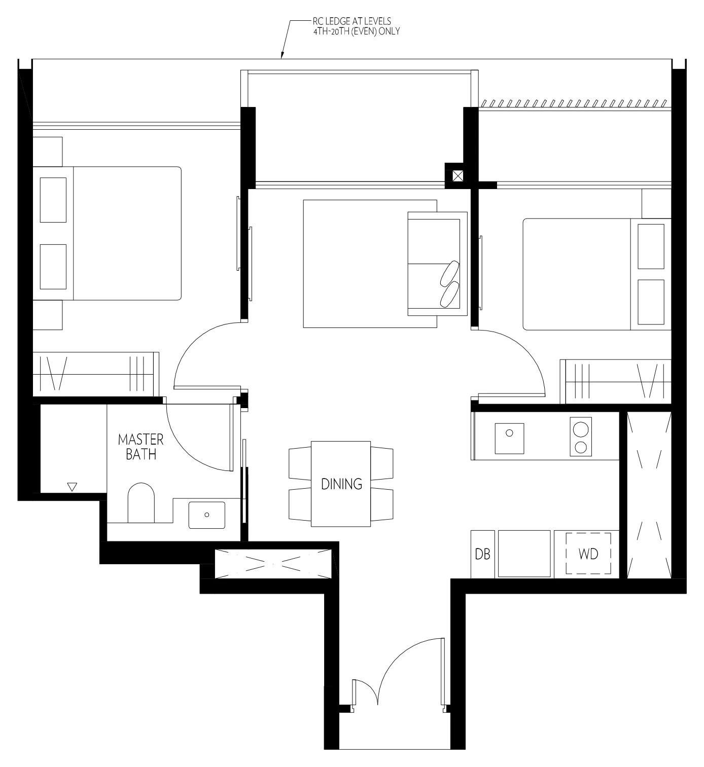 Amber 45 floor plan, type A: 2-Bedroom, 614 sq ft