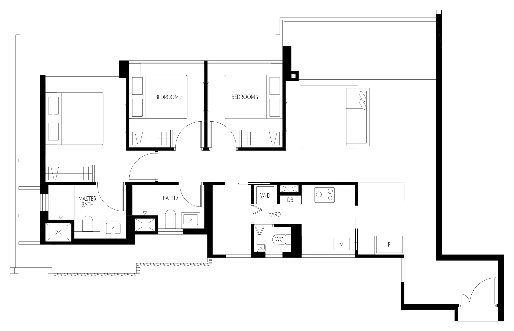 Amber 45 floor plan, type C1: 3-Bedroom + Guest, 1,130 sq ft