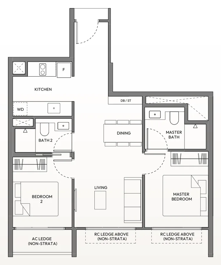 Amber House floor plan, type B1: 2-Bedroom, 635 sq ft