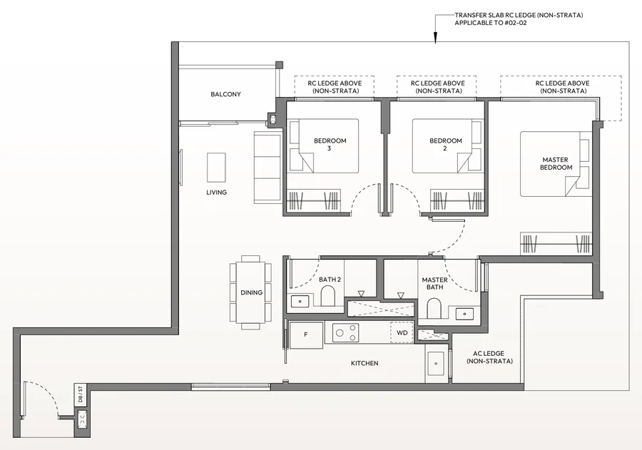 Amber House floor plan, type C1: 3-Bedroom, 980 sq ft