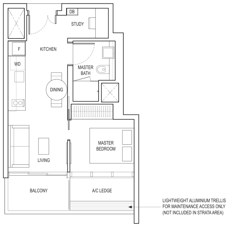 Amber Park floor plan, type A1: 1-Bedroom + Study, 463 sq ft