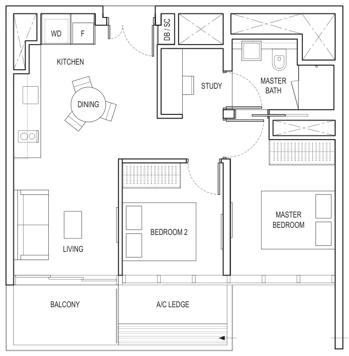 Amber Park floor plan, type B2: 2-Bedroom + Study, 678 sq ft