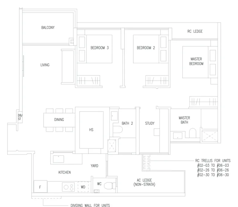 Amberwood at Holland floor plan, type C4S: 3-Bedroom + Study, 980 sq ft