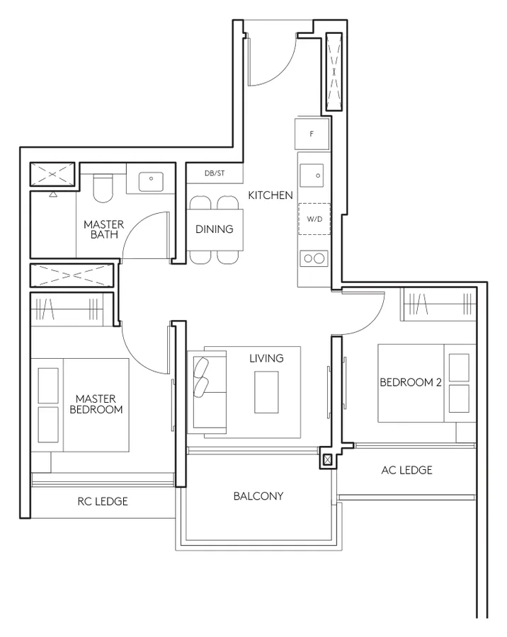 AMO Residence floor plan, type B1: 2-Bedroom, 614 sq ft
