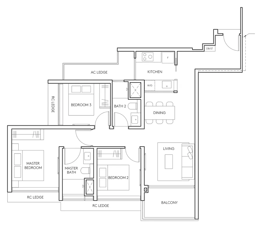 AMO Residence floor plan, type C1: 3-Bedroom, 958 sq ft