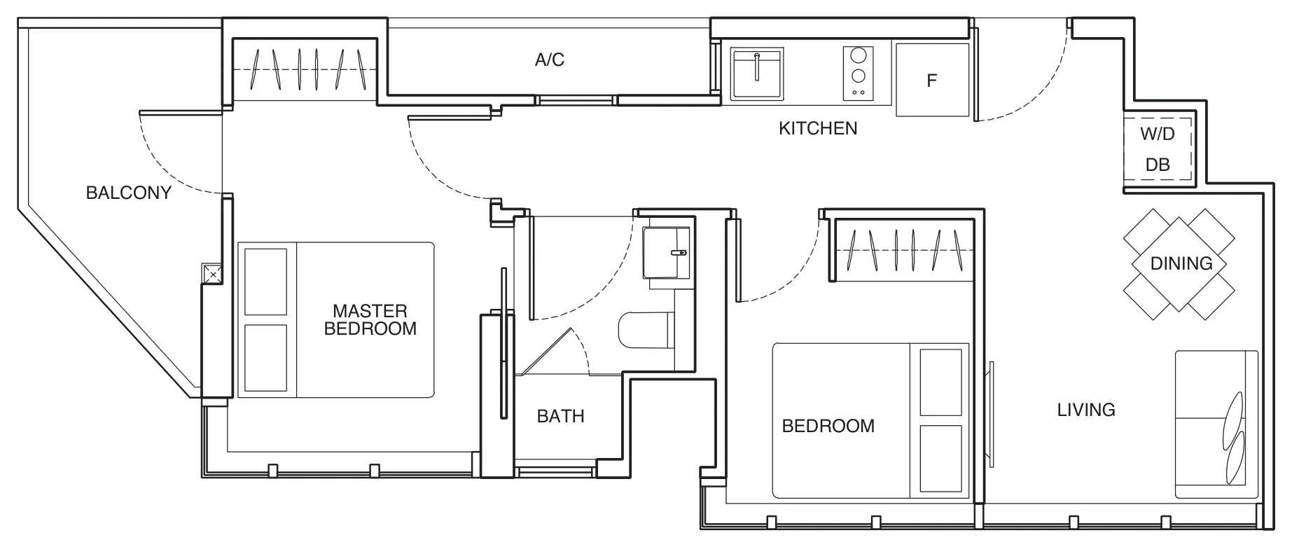 Arena Residences floor plan, type A1: 2-Bedroom Compact, 549 sq ft