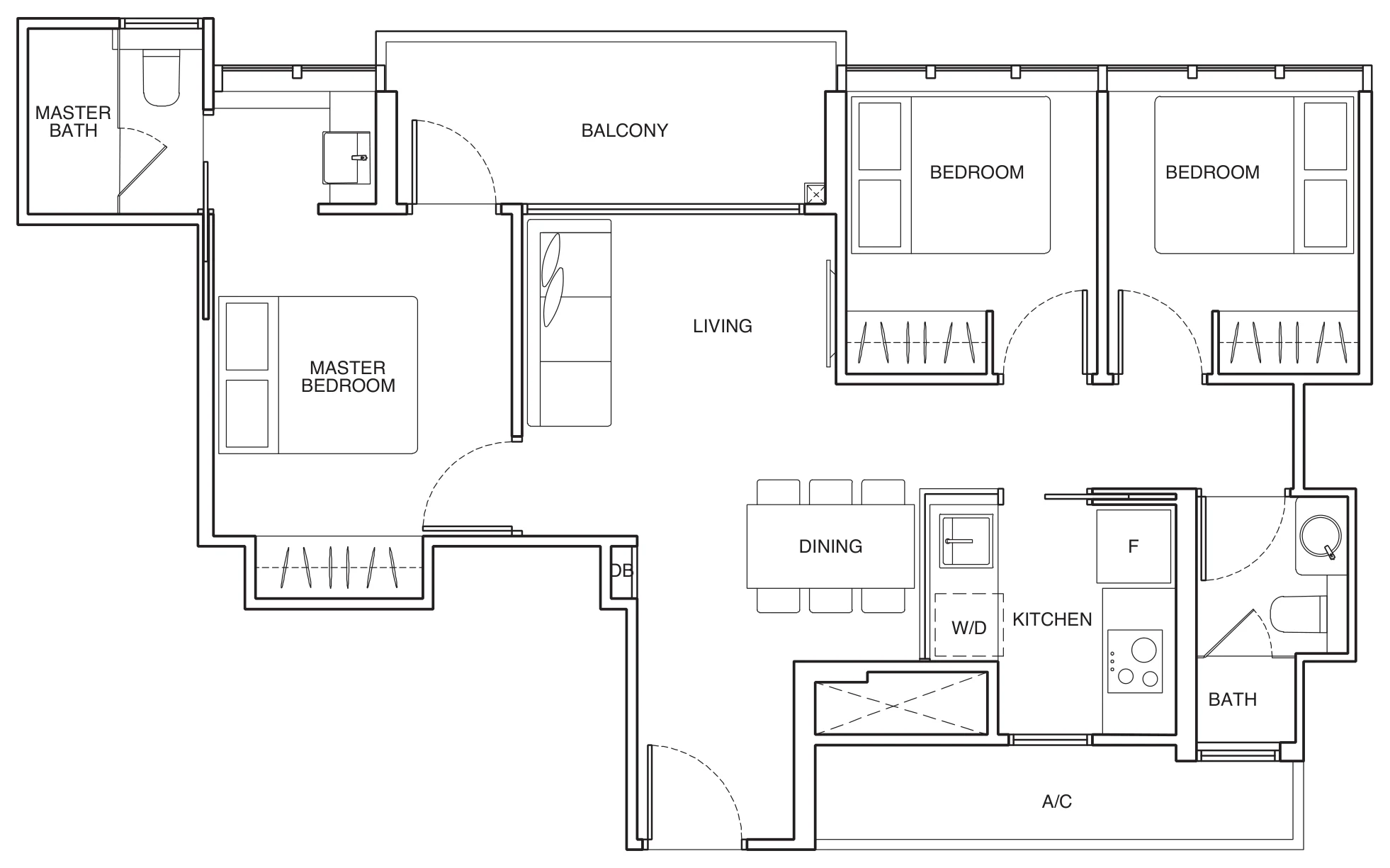 Arena Residences floor plan, type C1: 3-Bedroom, 807 sq ft