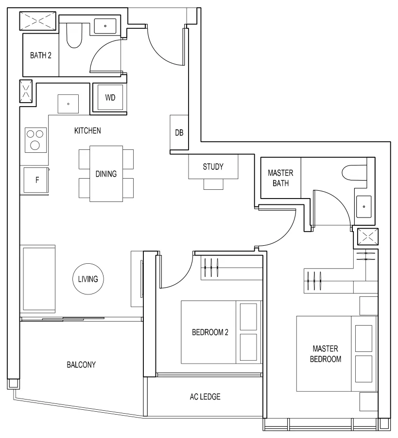 ARTRA floor plan, type A1: 2-Bedroom + Study, 786 sq ft