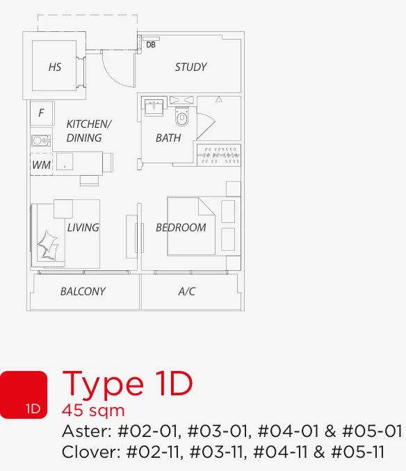 Aura 83 floor plan, type 1D: 1-Bedroom (most with a study), 484 sq ft