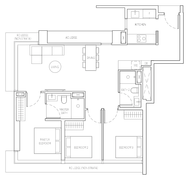 Aurea floor plan, type C1, C1H: 3-Bedroom, 1,001 sq ft