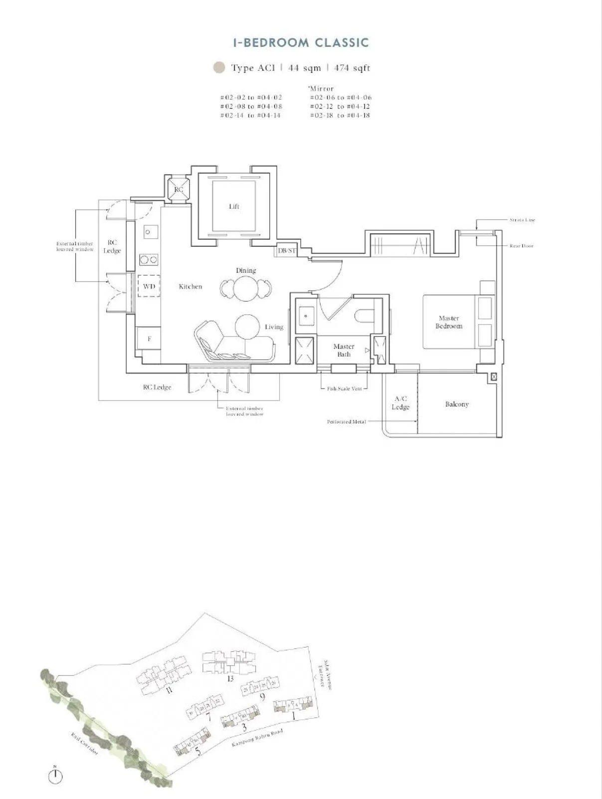 Avenue South Residence floor plan, type AC1: 1-Bedroom Classic, 474 sq ft