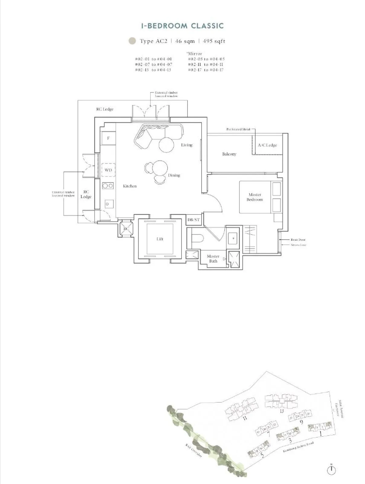 Avenue South Residence floor plan, type AC2: 1-Bedroom Classic, 495 sq ft