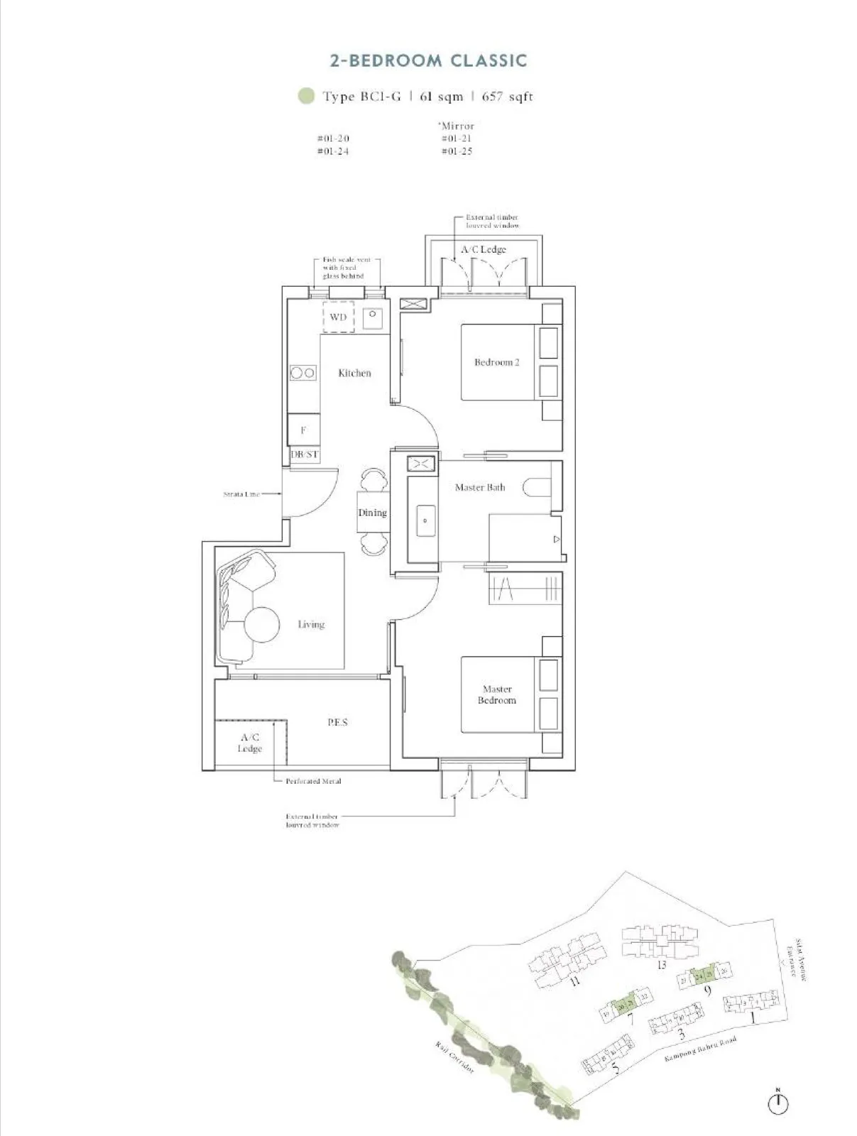 Avenue South Residence floor plan, type BC1-G: 2-Bedroom Classic, 657 sq ft