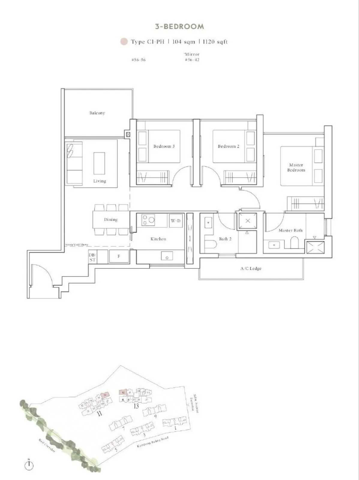 Avenue South Residence floor plan, type C1-PH: 3-Bedroom, 1,120 sq ft