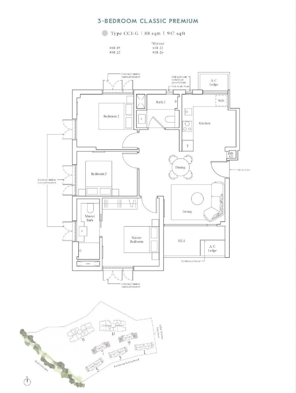 Avenue South Residence floor plan, type CC1-G: 3-Bedroom Classic Premium, 947 sq ft