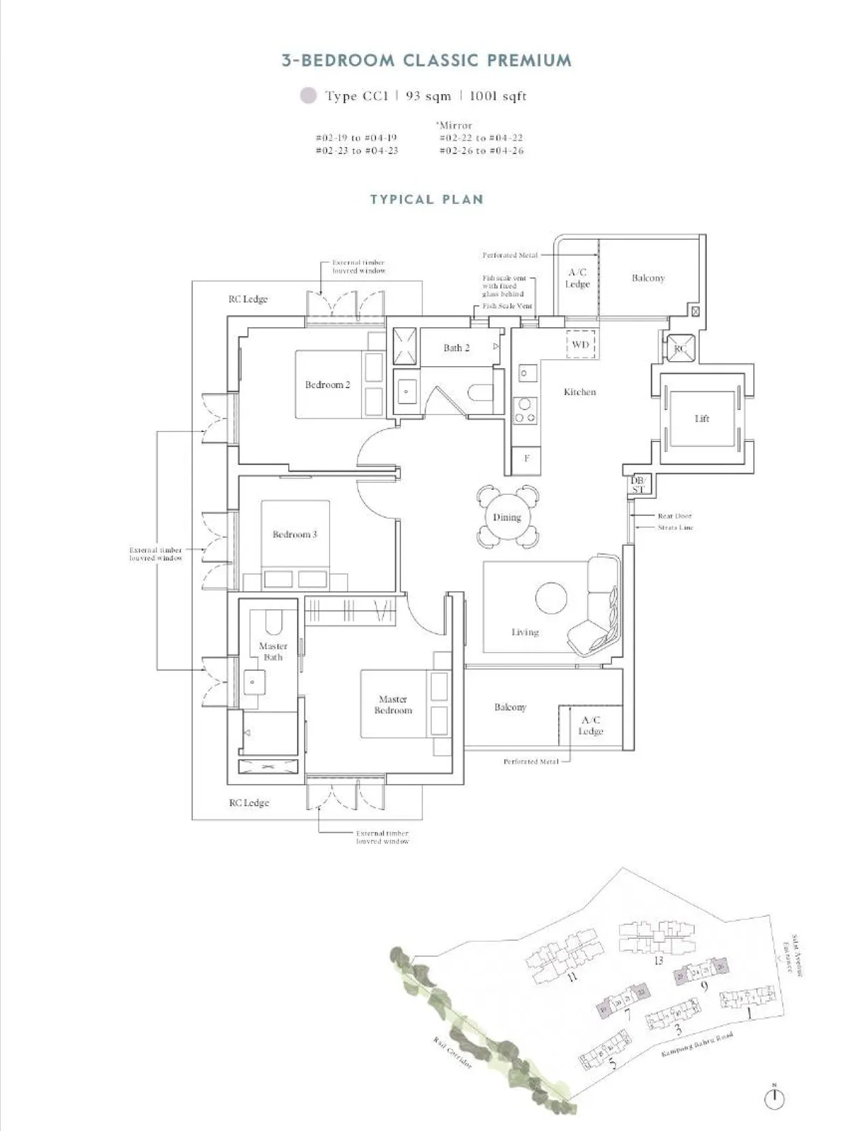 Avenue South Residence floor plan, type CC1: 3-Bedroom Classic Premium, 1,001 sq ft
