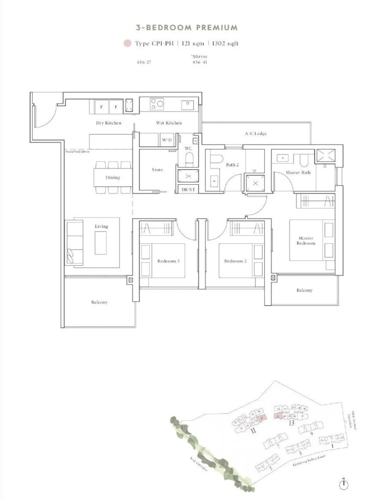 Avenue South Residence floor plan, type CP1-PH: 3-Bedroom Premium, 1,302 sq ft