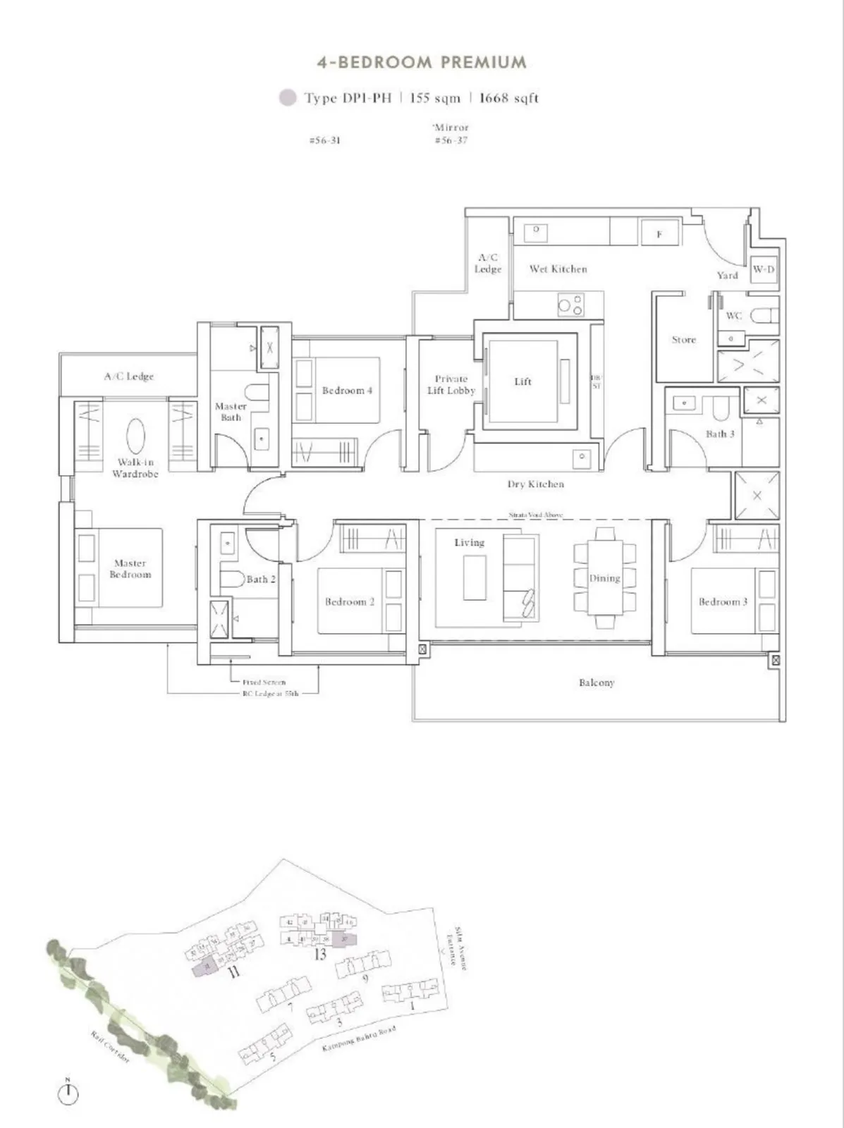 Avenue South Residence floor plan, type DP1-PH: 4-Bedroom Premium, 1,668 sq ft