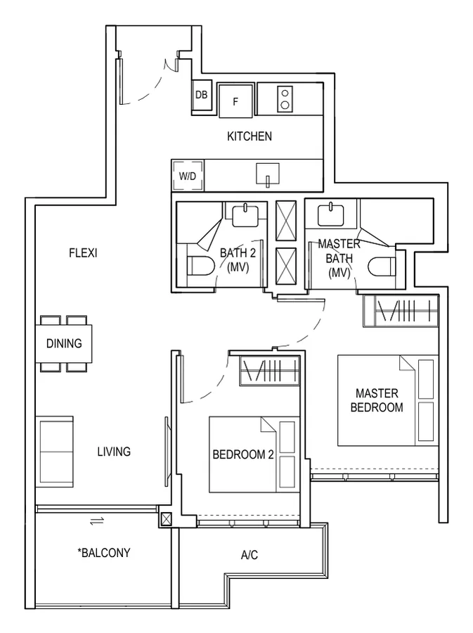 Bagnall Haus floor plan, type B2c: 2 Bedroom + Flexi, 753 sq ft