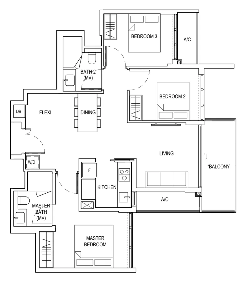 Bagnall Haus floor plan, type D2: 3 Bedroom + Flexi, 980 sq ft
