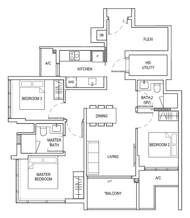 Bagnall Haus floor plan, type D4: 3 Bedroom + Flexi, 1,033 sq ft
