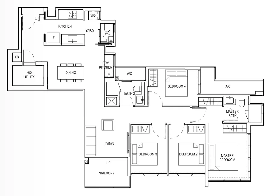Bagnall Haus floor plan, type E1b: 4 Bedroom, 1,249 sq ft