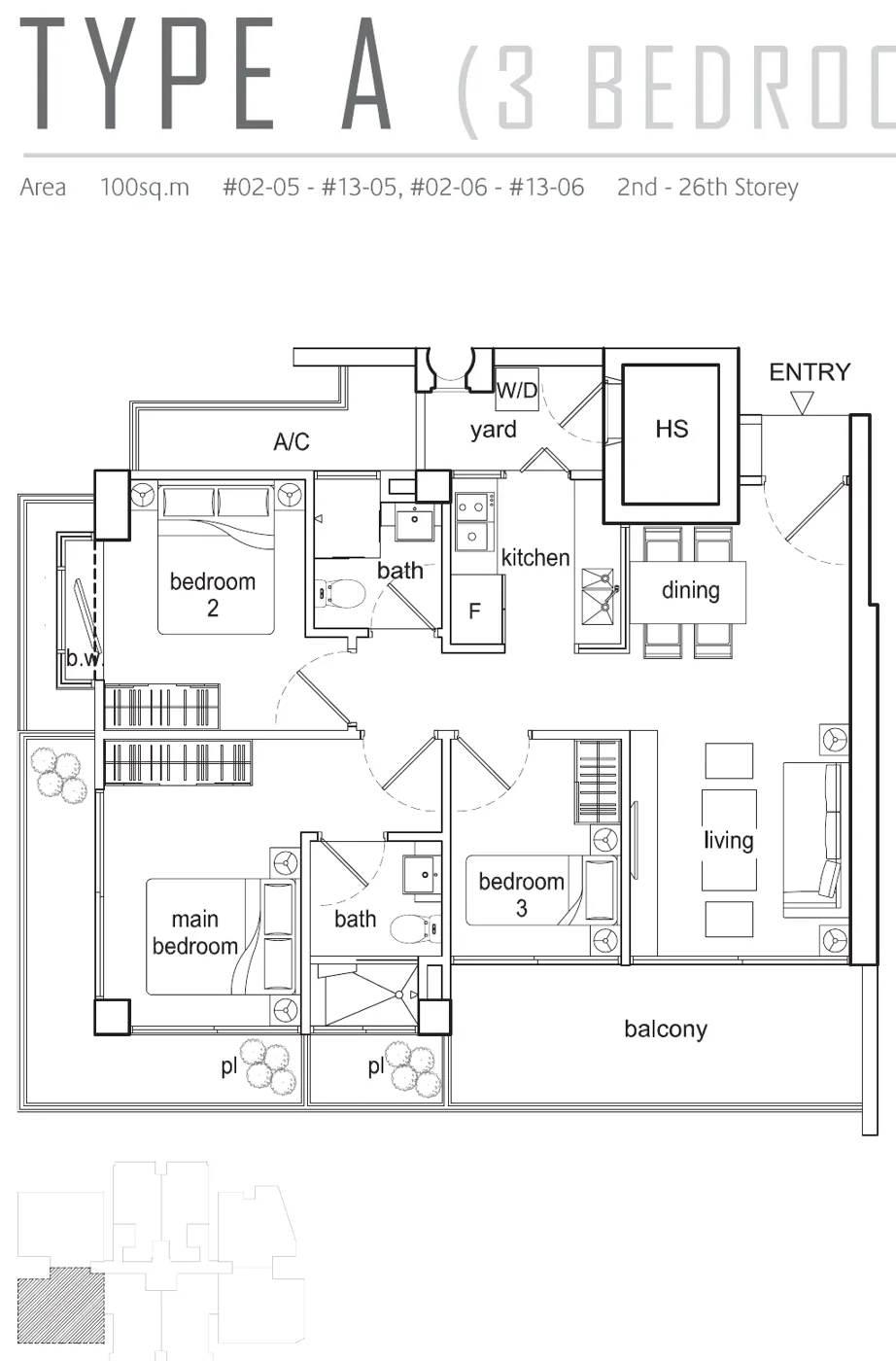 Beacon Heights floor plan, type A: 3-Bedroom, 1,076 sq ft