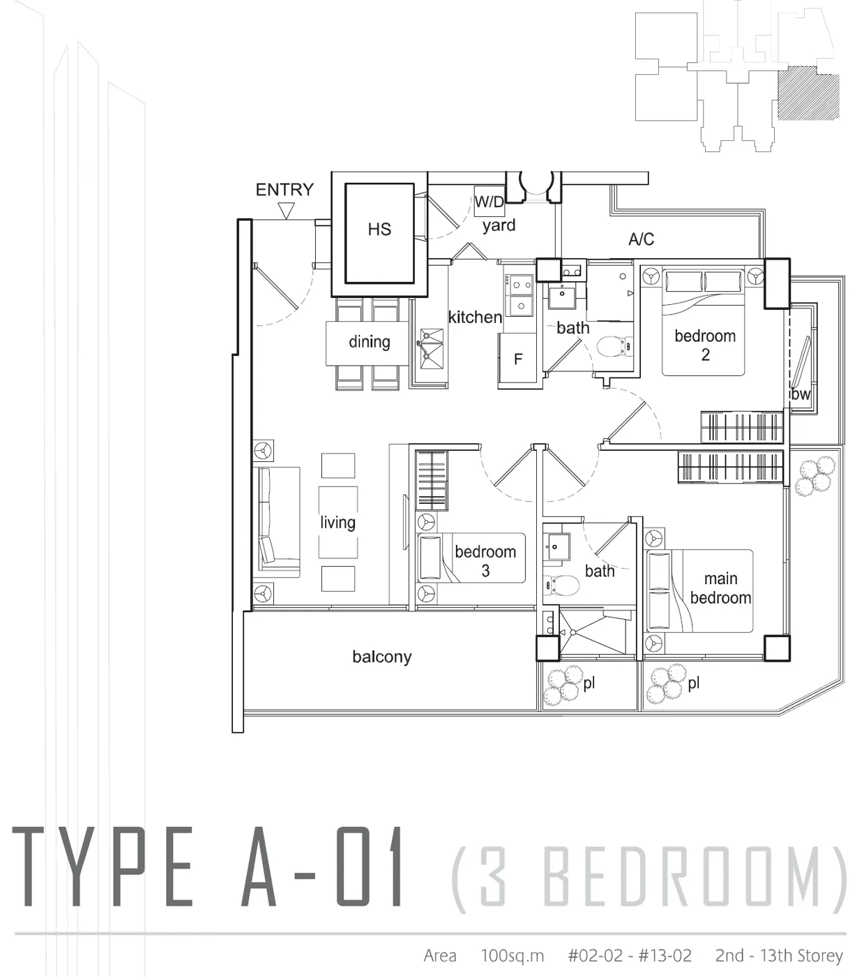 Beacon Heights floor plan, type A-01: 3-Bedroom, 1,076 sq ft