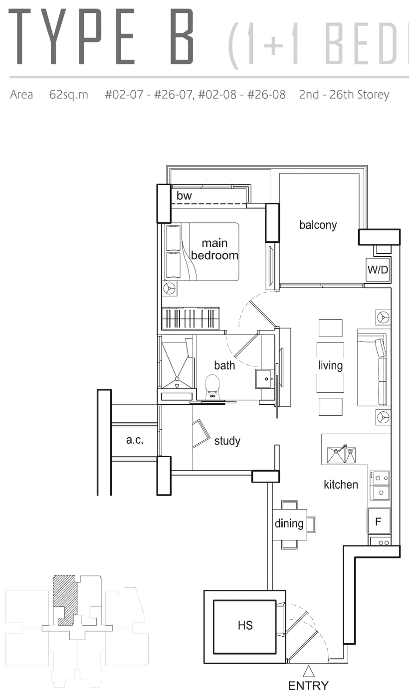 Beacon Heights floor plan, type B: 1+1-Bedroom, 667 sq ft