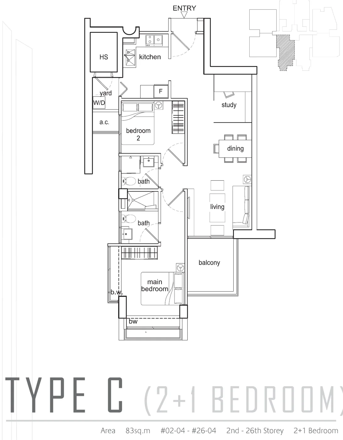 Beacon Heights floor plan, type C: 2+1-Bedroom, 893 sq ft