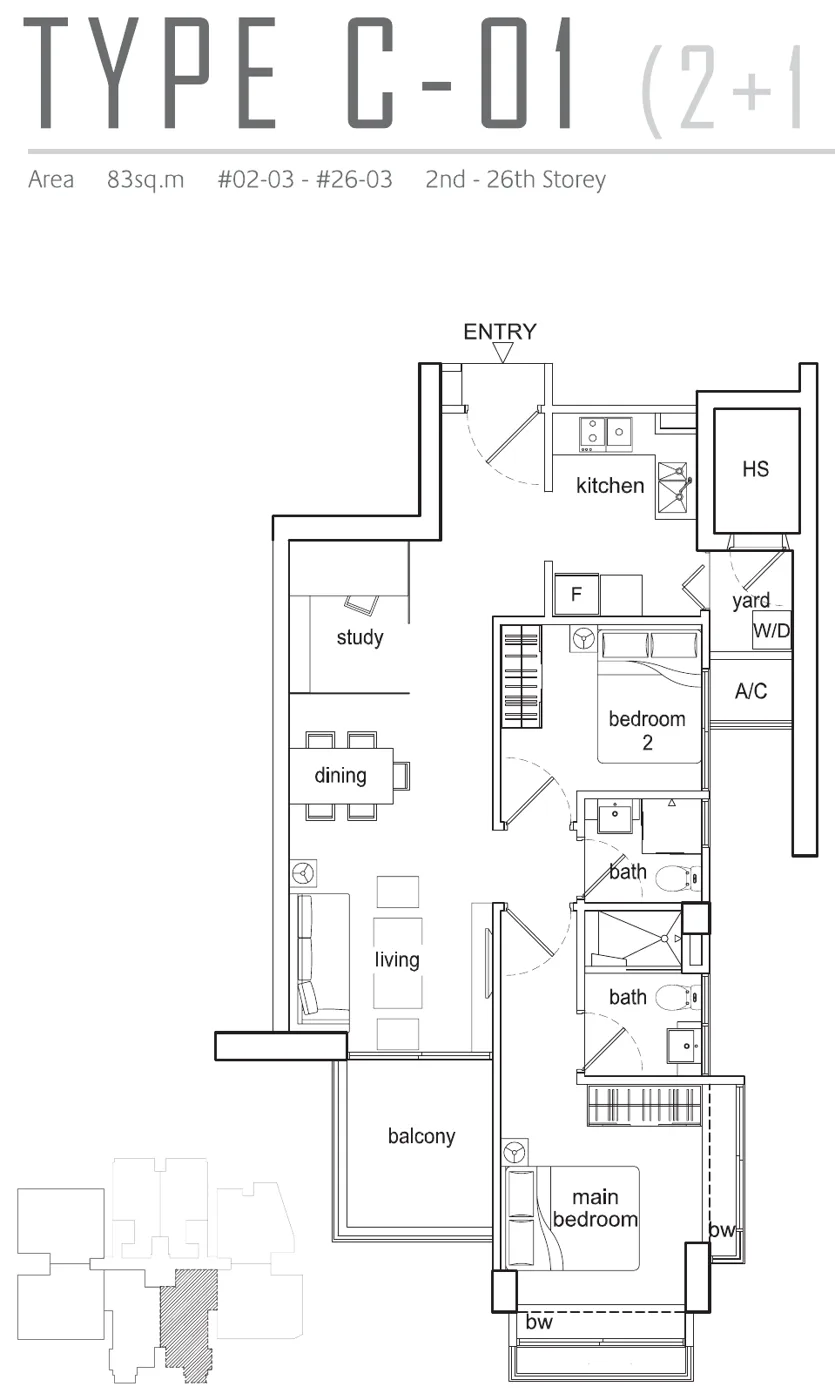 Beacon Heights floor plan, type C-01: 2+1-Bedroom, 893 sq ft