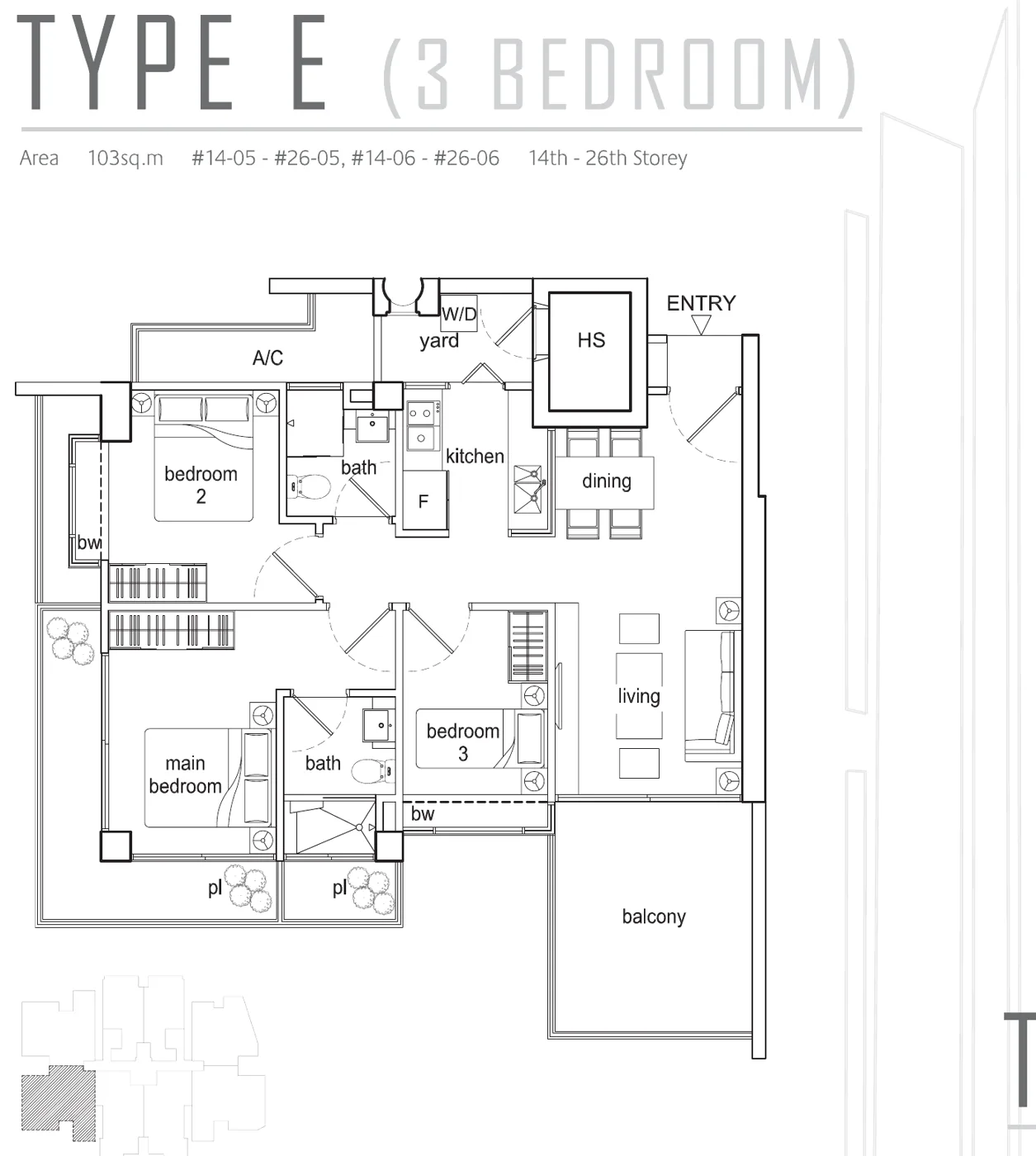 Beacon Heights floor plan, type E: 3-Bedroom, 1,109 sq ft