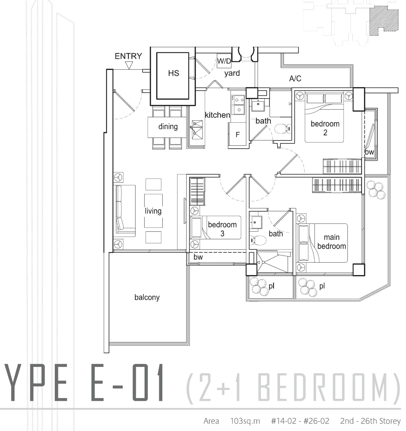 Beacon Heights floor plan, type E-01: 3-Bedroom, 1,109 sq ft