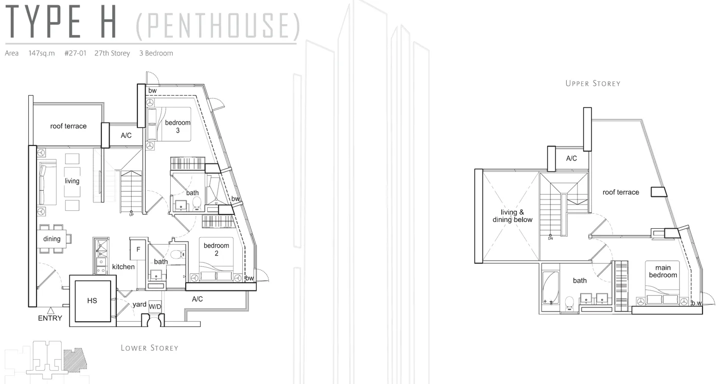 Beacon Heights floor plan, type H: Penthouse (two levels), 1,582 sq ft