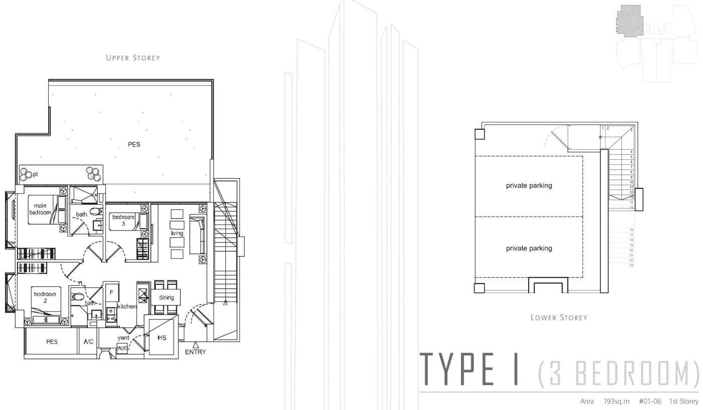 Beacon Heights floor plan, type I: 3-Bedroom, 1st storey (PES, private parking), 2,077 sq ft