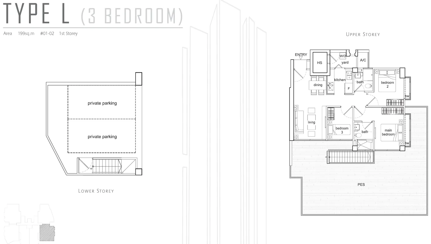 Beacon Heights floor plan, type L: 3-Bedroom, 1st storey (PES, private parking), 2,142 sq ft