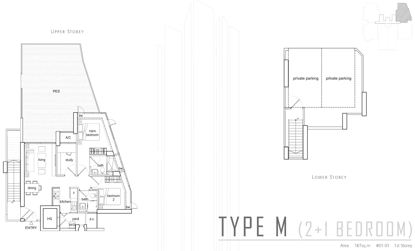 Beacon Heights floor plan, type M: 2+1-Bedroom, 1st storey (PES, private parking), 2,013 sq ft