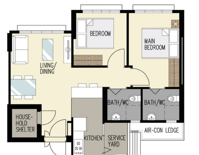 Bedok North Woods floor plan, type 3R: 3-room, 69 sqm, 743 sq ft