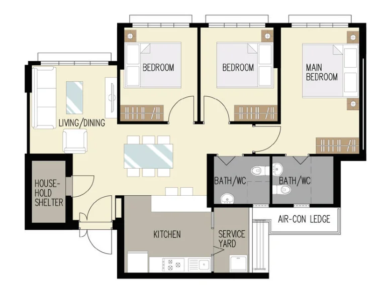 Bedok North Woods floor plan, type 4R: 4-room, 94 sqm, 1,012 sq ft