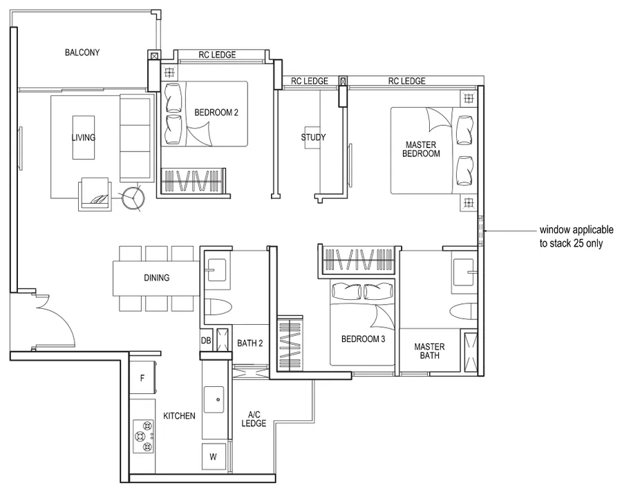 Bellewaters floor plan, type C1: 3-Bedroom, 926 sq ft