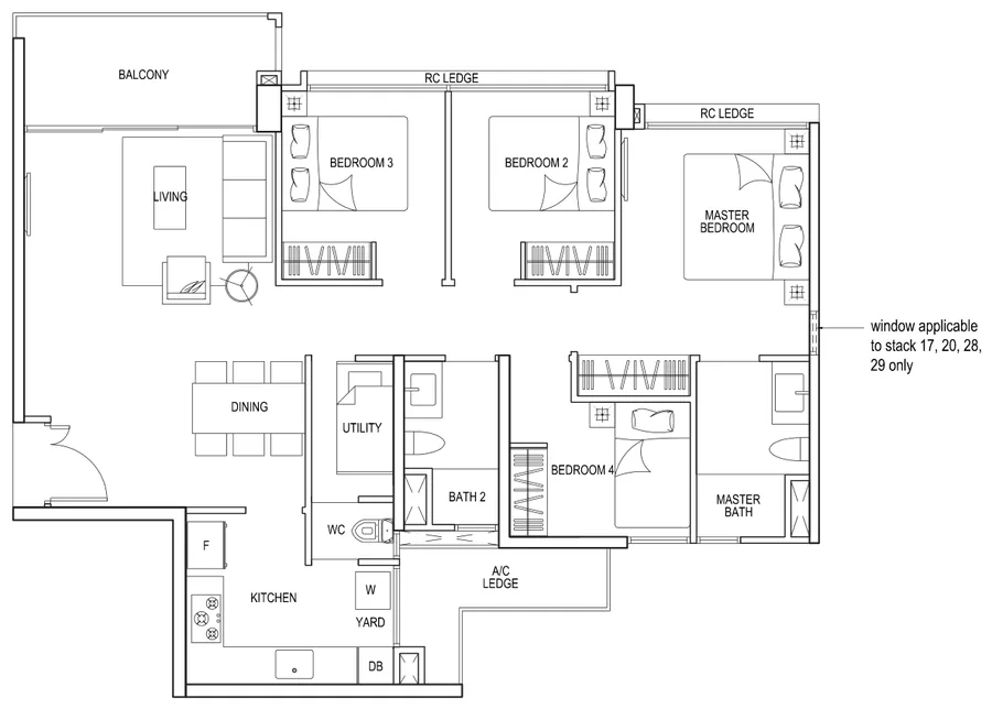 Bellewaters floor plan, type D1: 4-Bedroom, 1,130 sq ft