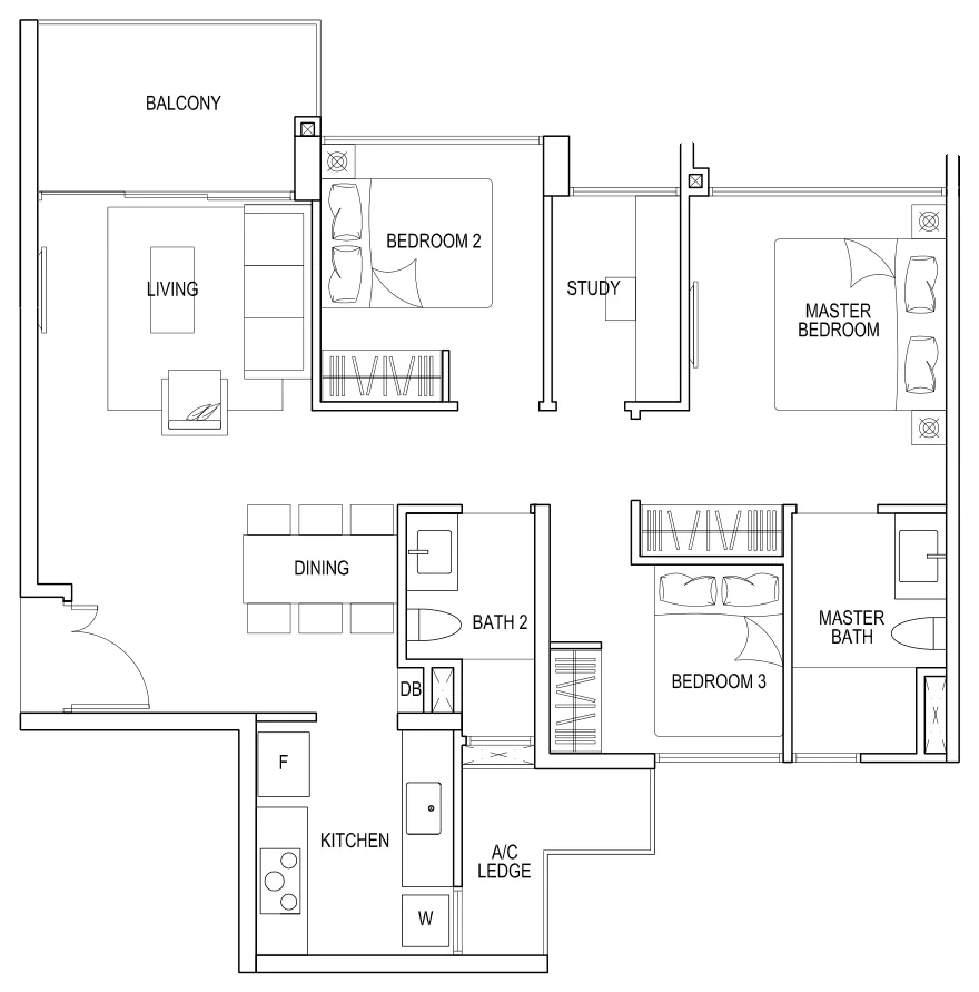 Bellewoods floor plan, type C1: 3-Bedroom, 936 sq ft