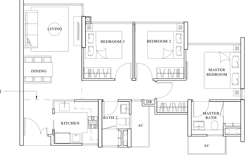Belysa floor plan, type A1: 3-Bedroom Compact, 829 sq ft