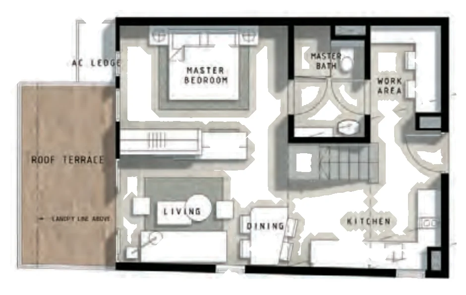 Bijou floor plan, type SHBc1(t): 2-Bedroom Compact (1 bedroom + loft platform), 560 sq ft
