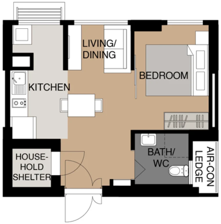 Bishan Towers floor plan, type F1: 2-room Flexi (Type 1), 38 sqm, 409 sq ft