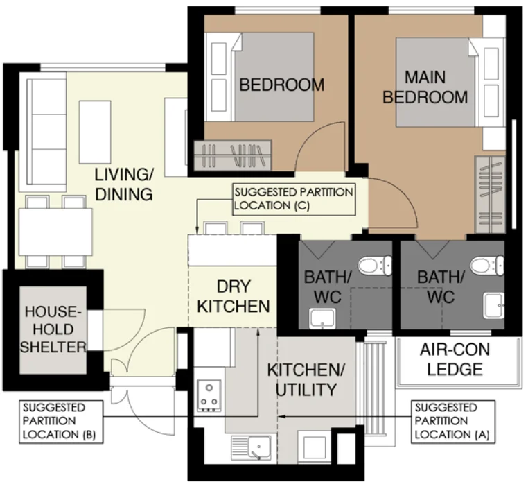 Bishan Towers floor plan, type 3R: 3-room, 69 sqm, 743 sq ft