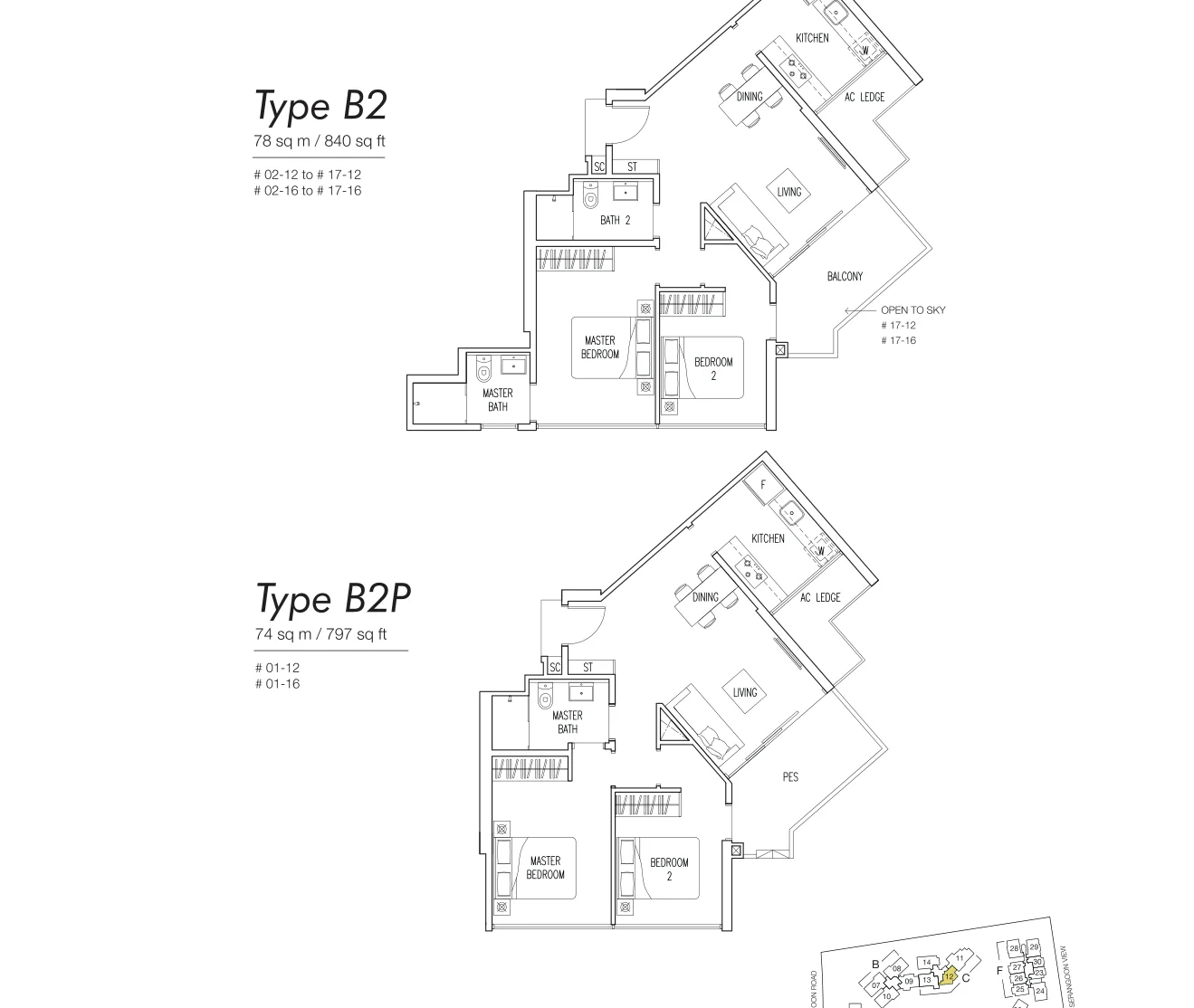 Boathouse Residences floor plan, type B2P: 2-Bedroom, 797 sq ft