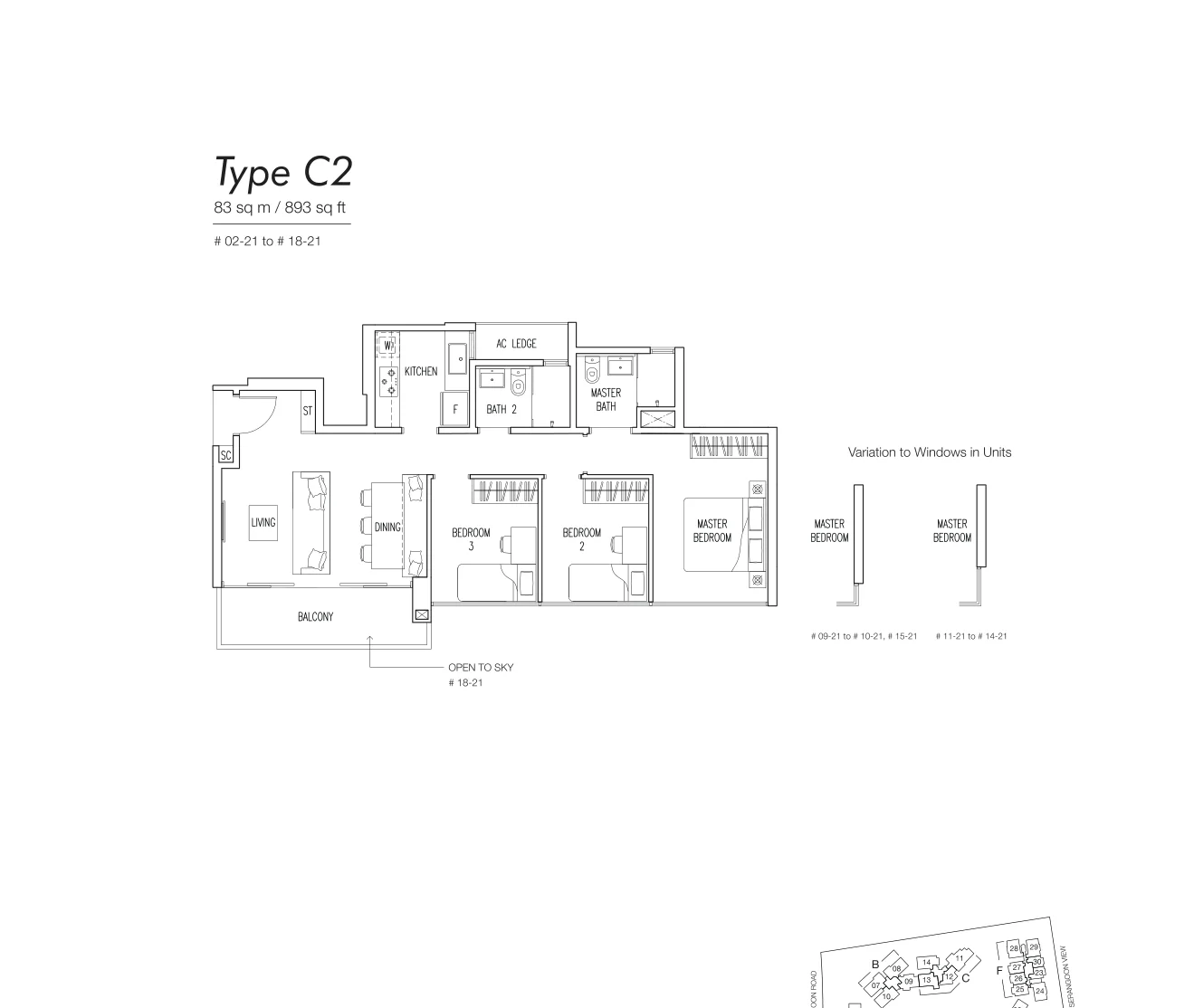 Boathouse Residences floor plan, type C2: 3-Bedroom (Compact), 893 sq ft