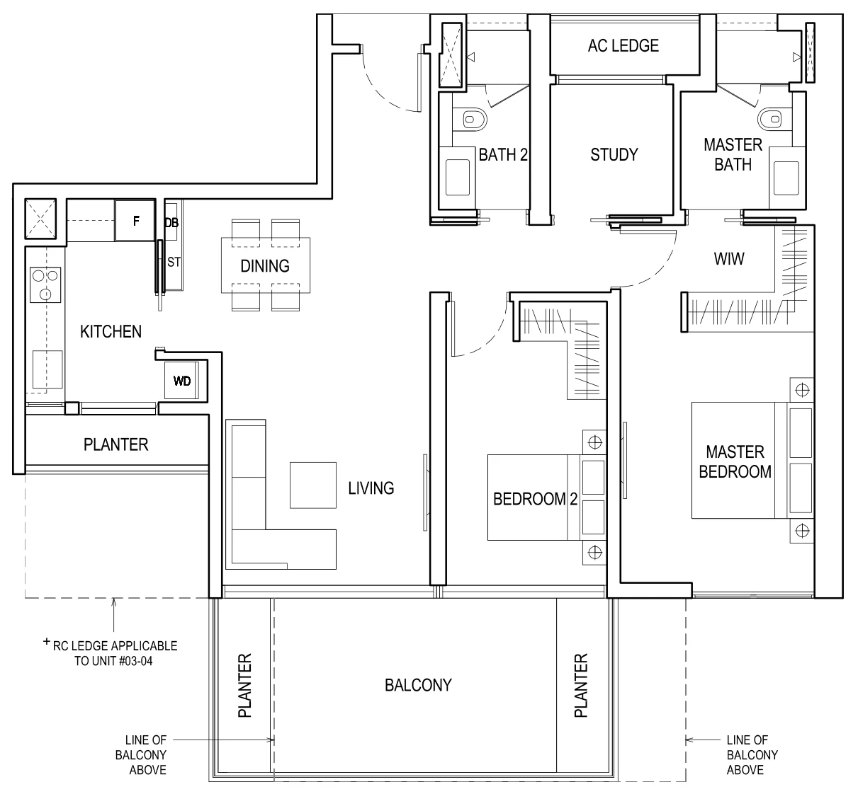 Boulevard 88 floor plan, type A1: 2-Bedroom + Study, 1,313 sq ft
